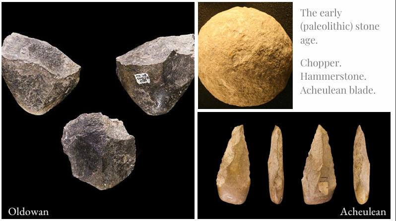 <p>longest period of human development, but also most static in both technical skill and creativity; that said, researchers believe that humans were developing both mentally and in their manual skill</p><ul><li><p>marked by simple, crude stone artifacts ex. chopper, hammer stone. acheulean blade; items with practical value</p></li><li><p>2.5 or 2 million BCE until 200,000 BCE (~2 million years long)</p></li></ul><p></p>