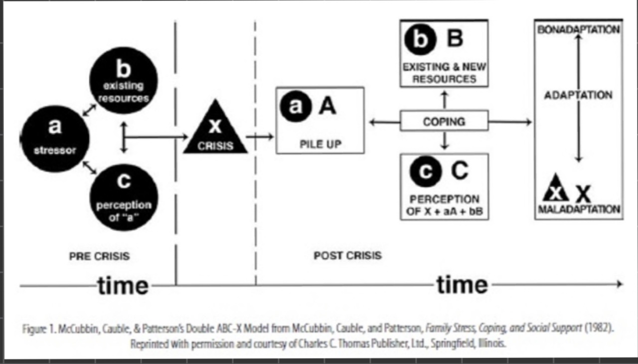 <p>aA-pileup - three components: initial stressor, changes in the family, and stressors resulting from attempting to cope with initial stressor</p><p>bB - existing and new family resources</p><p>cC - perception of aA and bB and X: concerned with family’s response to initial stressor, interpretation of previous responses to crisis situation, and how their perception might change over time</p><p>xX-adaption (bonadaption-maladaption) - post-crisis adaption hinges on how the family has adapted to crisis and new level of family functioning</p>