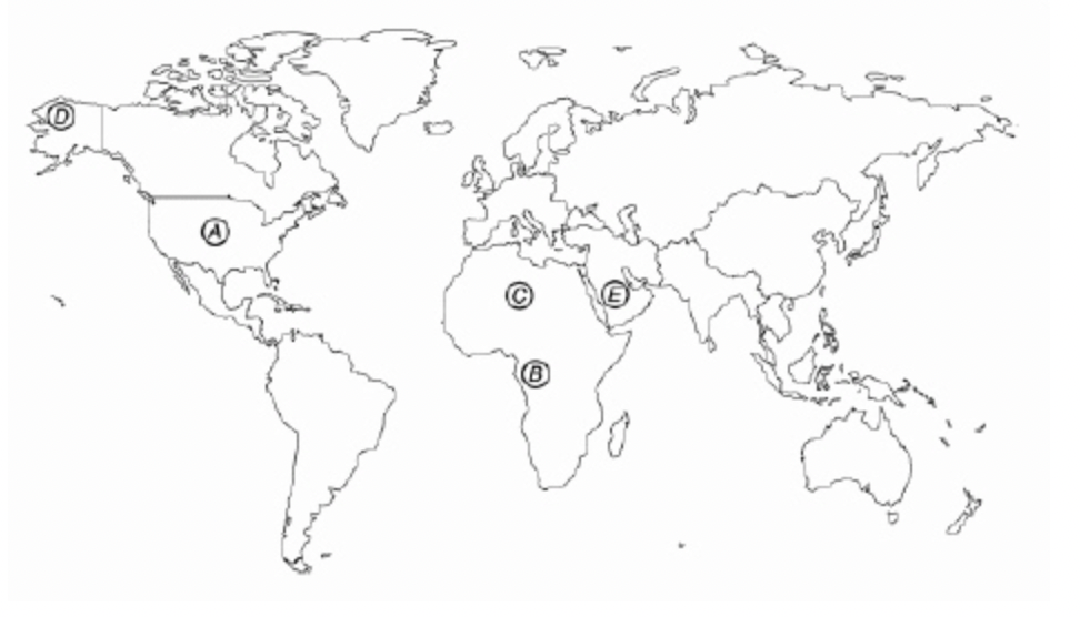 <p><span>Directions: The following questions(s) refer to the locations indicated on the diagram below.<br></span>This region has been the largest petroleum exporter for the past four decades.</p>