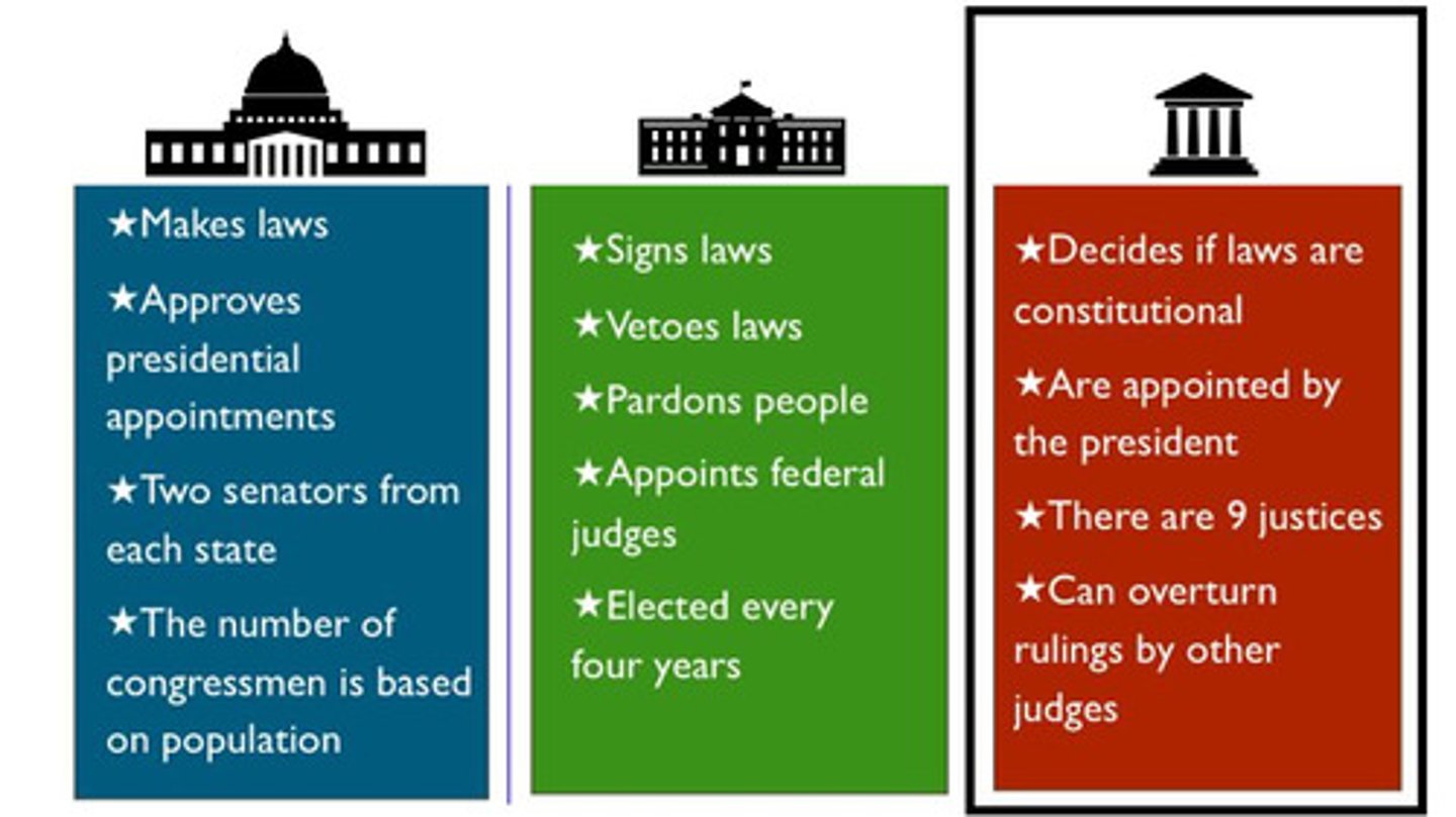 <p>Which branch of government includes the Supreme Court, which has the power to review and interpret laws?</p>