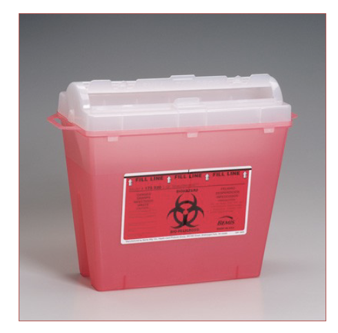 <ul><li><p>sharps must go into approved sharps container</p></li><li><p>considered full at ¾ level</p></li><li><p>autoclave prior to having picked up by vendor </p></li><li><p>plastic “sharps” &amp; glass</p></li></ul>