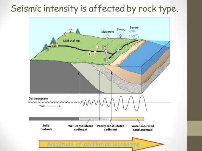 <p>crystalline/hard rocks - less shaking of ground</p><p>loose and unconsolidated rocks - more shaking</p><p>water saturated sand and mud amplifies the shaking</p>