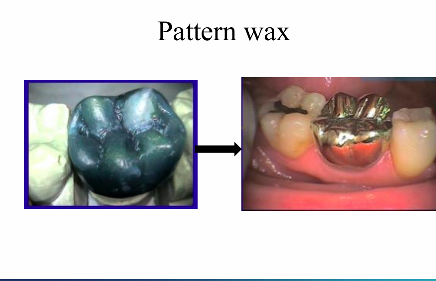 <ul><li><p>ADA Sp no 4</p></li><li><p>Pattern wax</p></li><li><p><u>Type 1 </u>(medium) - Direct (wax pattern made inside the Pts mouth)</p></li><li><p><u>Type 2 </u>(soft) - <strong>In</strong>direct technique (Take impression first)</p></li><li><p>inlays and crowns - made in wax then converted to metal</p></li><li><p>making patterns of metallic restorations, patterns for inlays</p></li></ul><p></p>