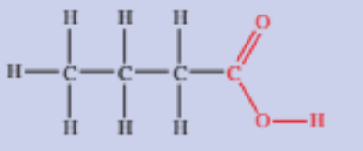 <p>Contains a carbonyl group (<strong>-COOH</strong>), with the C bonded to a hydroxyl group</p><ul><li><p>Written as <strong>-COOH</strong> in semi-structural formulas</p></li><li><p>The C in the carboxyl group is always at the <strong>end</strong> of the chain, hence its position is always <strong>1</strong></p></li><li><p>Suffix is <strong>-oic acid</strong></p></li></ul><p></p>