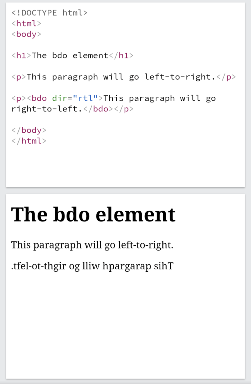 <p>BDO stands for <strong>Bi-Directional Override</strong>.</p><p>Is used to override the current text direction.</p>