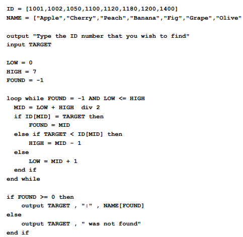 <ul><li><p>Half-interval search</p></li><li><p>Only applies to sorted arrays</p></li><li><p>Finds the position of a target value by repeatedly dividing the interval in half and comparing the target value to the middle element of the array</p></li><li><p>If they are unequal, the lower or upper half of the array is eliminated, depending on the result, and the search is repeated in the remaining sub-array until it is successful.</p></li><li><p>Pros: Faster than sequential search</p></li><li><p>Cons: Can only be performed on sorted lists</p><p></p></li></ul><p></p>