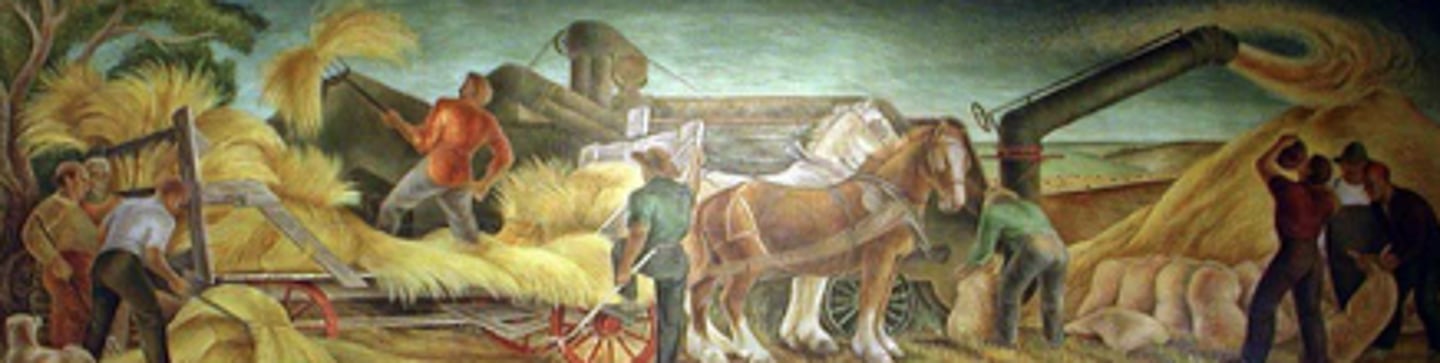 <p>a) Ethel and Jenny Magafan were twin sisters. Their father moved the family from Chicago to Colorado for health reasons. They were the youngest painters in the WPA. Many of their murals, such as Threshing, (pictured here) are in Nebraska<br>b) WPA works had to depict "The American Scene" these works and murals had a distinctly different style than Magafan's later work which consisted of planar, colorful mountain ranges</p>