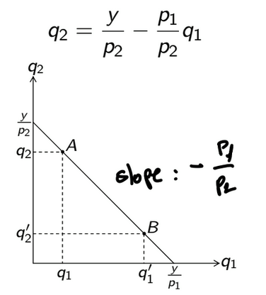 <p>Locus of all consumption bundles (q1, q2) that an individual can <strong>obtain </strong>is she <strong>spends her entire budget</strong></p>