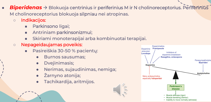 <p><strong>Triheksifenidilis</strong>; Biperidenas; Benzotropinas; Prociklidinas</p>