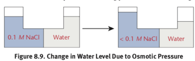 <p>Hydrostatic pressure exerted by water level in solute-containing compartment <br>&gt; will eventually oppose the influx of water<br>&gt; water level will rise to pont at which it exerts a sufficient pressure to counterbalance tendency of water to flow across membrane<br>&gt; pressure known as osmotic pressure (II) of solution<br>II = iMRT</p>
