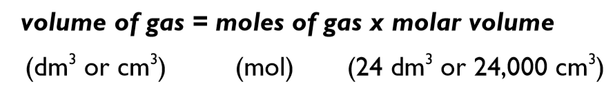 <p>Volume of gas = moles of gas x molar volume</p>