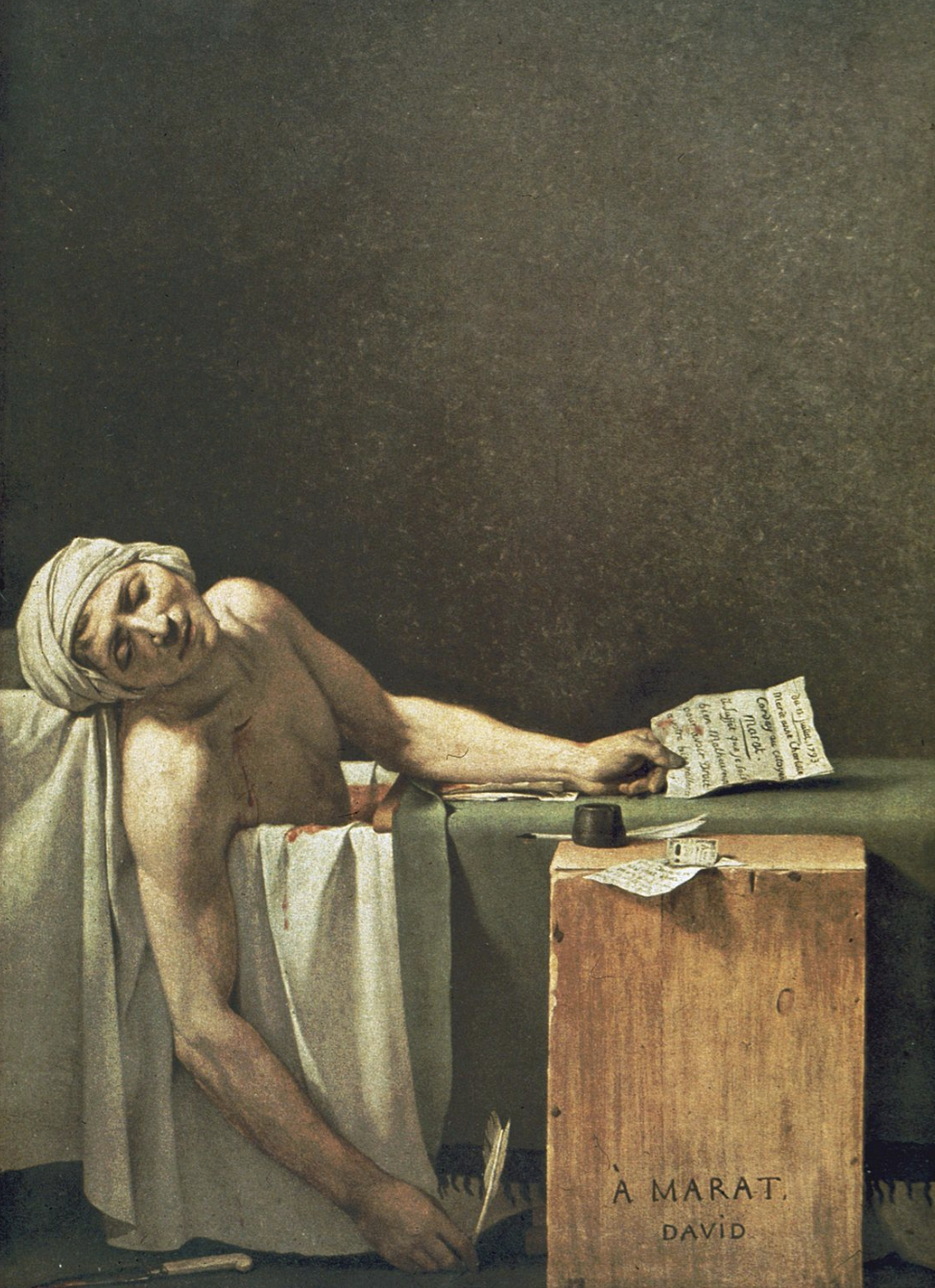 <p>Artist was initially going to wait out the revolution in Italy but decided to stay and began to become a revolutionary himself. Subject was a revolutionary and progressive who was a friend of the poor. At some point either in jail or while hiding in the sewers, he contracted a skin disease that he could only soothe by taking medicinal baths. He had set up a home office in his bath tub with a small crate on the side to serve as a desk. A woman came to his door claiming to have information but had a knife and stabbed him, seen as a martyr, the knife is visible in the painting. No background, stripped down to its most essential elements. Table appears like a tombstone. Light falls on the subject’s face, looks like a peaceful scene, may be akin to other religious works where Christ is dead but looks peaceful in death. Revolution believed revolution was a myth and people voted to abolish Christianity. In a way, artist seems to have painted subject matter as a substitute saint, all of his items were on display at his funeral like relics. Painting was hung over his grace, people may have “prayed” to it. Artist started out glorifying ancient Romans but ended painting heroes of his time. </p>