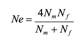 <p>effective population size is highest when the Nm = Nf</p><p></p>