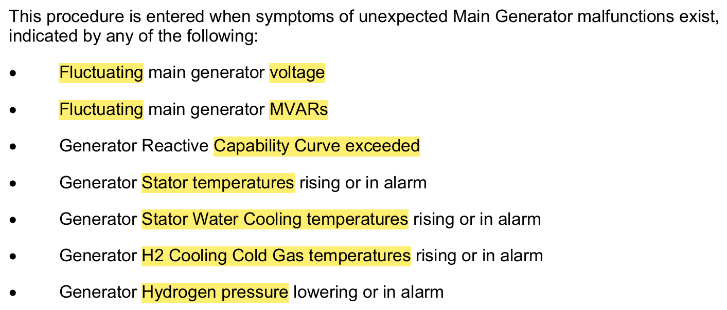<p>Hydrogen pressure/cooling</p><p>Stator temps</p><p>Voltage/VARs/Spider Curve</p>