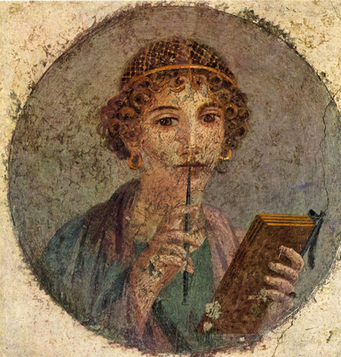 <p>Sappho Fresco, an upper-class educated woman; it shows how men could be proud of their women being educated as she acts as an asset to the house</p>