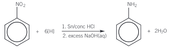 <ol><li><p><strong>Reduction of nitrobenzene</strong></p><ul><li><p>Nitrobenzene is heated <strong>under reflux </strong>with <strong>tin</strong> and <strong>hydrochloric acid </strong>to form the ammonium salt, phenylammonium chloride)</p></li><li><p>Tin and HCl act as a <strong>reducing</strong> agent</p></li></ul></li></ol><ol start="2"><li><p><strong>Reaction with excess sodium hydroxide</strong></p><ul><li><p>Reaction with sodium hydroxide forms the aromatic amine, phenylamine</p></li></ul></li></ol><p></p>