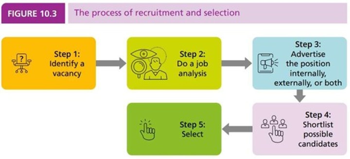 <p>1. Identify a vacancy 2. Conduct a job analysis 3. Advertise the position 4. Shortlist candidates 5. Selection of candidates.</p>