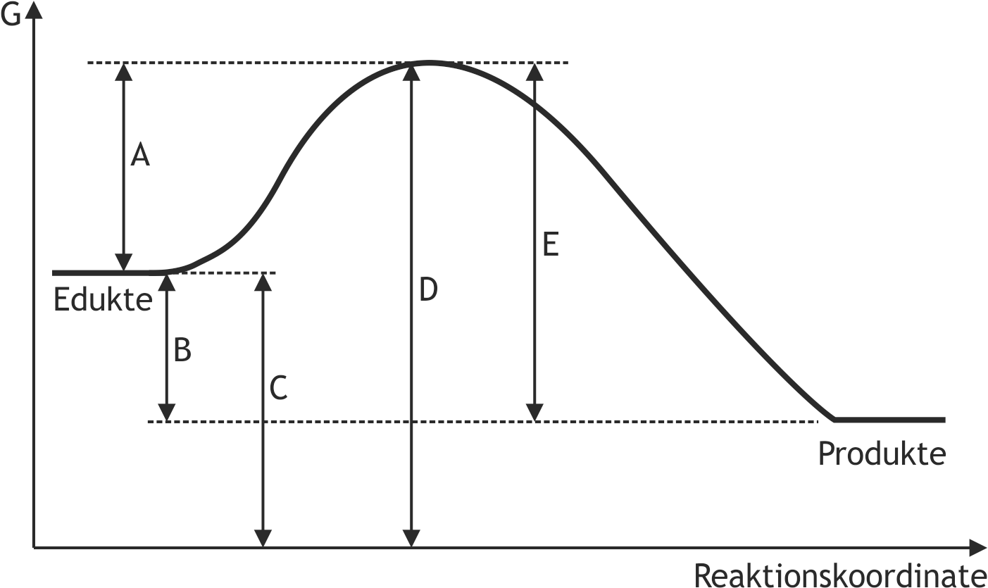 <p>47. The drawing shows the energy diagram of a hypothetical chemical reaction.</p><p>Which of the arrows A to E in this diagram represents the free reaction enthalpy (Gibbs free energy)?</p><p>(G = Free enthalpy, Gibbs energy)</p><p>A</p><p>B</p><p>C</p><p>D</p><p>E</p>