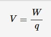<p><span>The work done per unit charge on moving a positive charge between two points along the path of the current.</span></p><ul><li><p>W = work done (J)</p></li><li><p>q = charge (Coulombs)</p></li></ul><p></p>