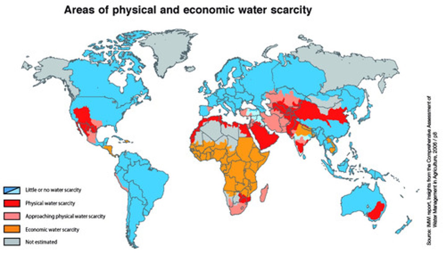 <p>= a lack of water to sufficiently meet the needs of a population <br><br>driest areas receive less than 6cm of precipitation per year <br><br>9% of the worlds population suffer from water scarcity</p>