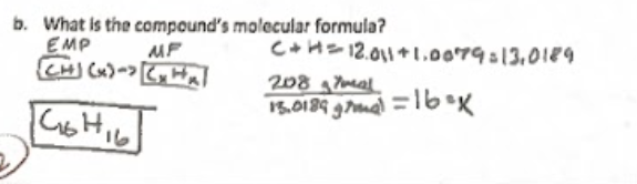 <p>is the method used to determine the actual number of atoms of each element in a compound. It may involve multiplying the empirical formula by a whole number to reflect the molecular structure. </p><p>given grams/Molar mass of compound=subscript for each element to find the ratio of elements in the molecular formula.</p><p> </p>