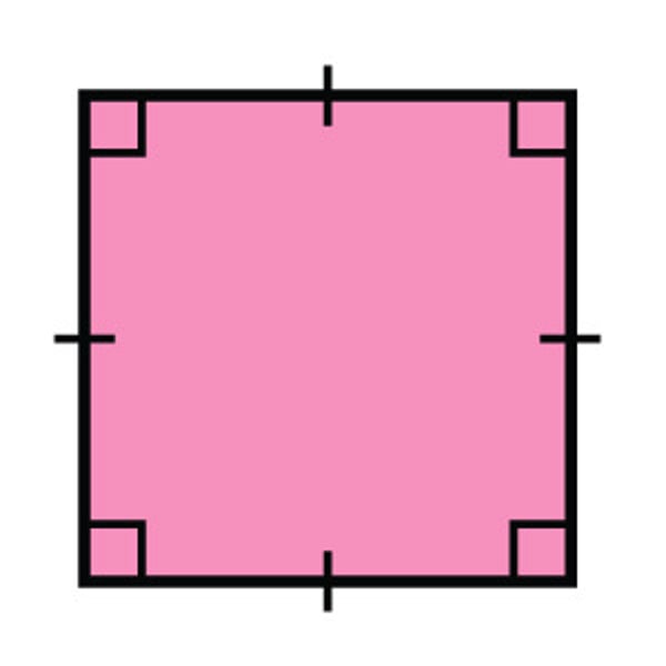 <p>Def: a parallelogram (2 pairs of parallel sides) with 4 right angles AND 4 congruent sides<br><br>Properties: <br>-ALL sides congruent<br>-4 right angles <br>-Consecutive angles are supplementary<br>-diagonals bisect each other (same midpoint)<br>-diagonals are congruent AND perpendicular<br>-diagonals bisect vertex angles</p>
