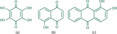 <ul><li><p>Share the same ring and carbonyl backbone as quinones but differ by the addition of one or more hydroxyl groups</p></li><li><p>a) Tetrahydroxybenzoquinone; b) 5-hyroxynaphthoquinone; c) 1,2-dihydroxyanthraquinone</p></li></ul>