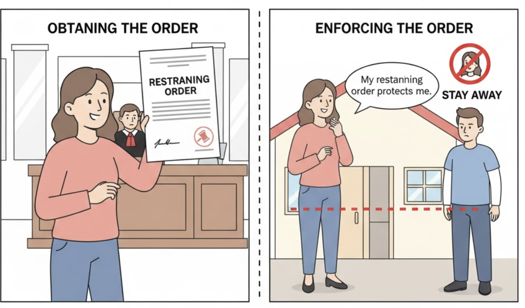 <p><strong>a court order that legally requires one person to stay away from another person</strong></p><p> (lệnh cấm tiếp xúc, lệnh bảo vệ, lệnh ngăn chặn)</p>