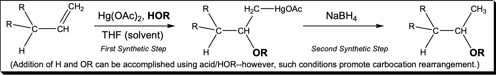 <p>Hg(OAc)2, HOR + NaBH4</p>
