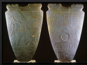 <ul><li><p>By <strong>king narmer</strong></p><ul><li><p><strong>Menes</strong></p></li></ul></li><li><p><strong>3100 BCE</strong></p></li><li><p><strong>Lots of competing kings up until this point</strong></p></li><li><p><strong>Hieroglyphic writing and irrigation was widespread</strong></p></li><li><p><strong>The narmer palate was found at nekhen</strong></p><ul><li><p>Shows the <strong>unification of Egypt</strong></p></li><li><p>He is <strong>wearing the crown of upper and lower Egypt separately</strong></p></li><li><p>It <strong>depicts lower Egypt being taken by force</strong></p></li></ul></li></ul><p></p>