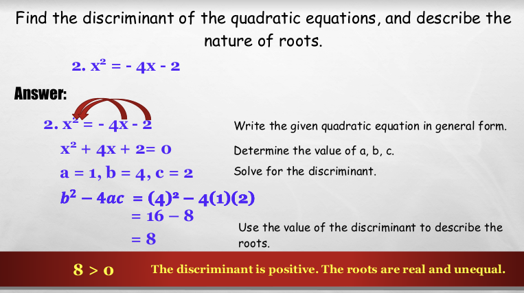 <ul><li><p>The value solved for the discriminant of a quadratic equation which has <strong>real </strong>and<strong> unequal</strong> roots.</p></li></ul>