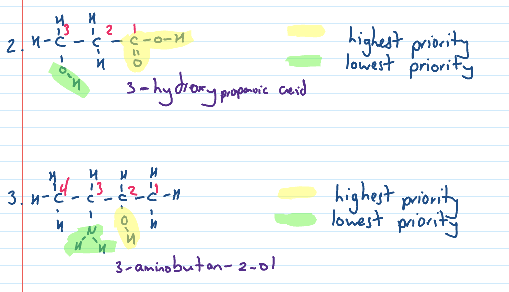 <ol><li><p>Functional group with highest priority is assigned the lowest possible number and the suffix for the functional group is the same</p></li><li><p>the lowest priority functional group is indicated by prefix or alternative name</p></li></ol><p></p>