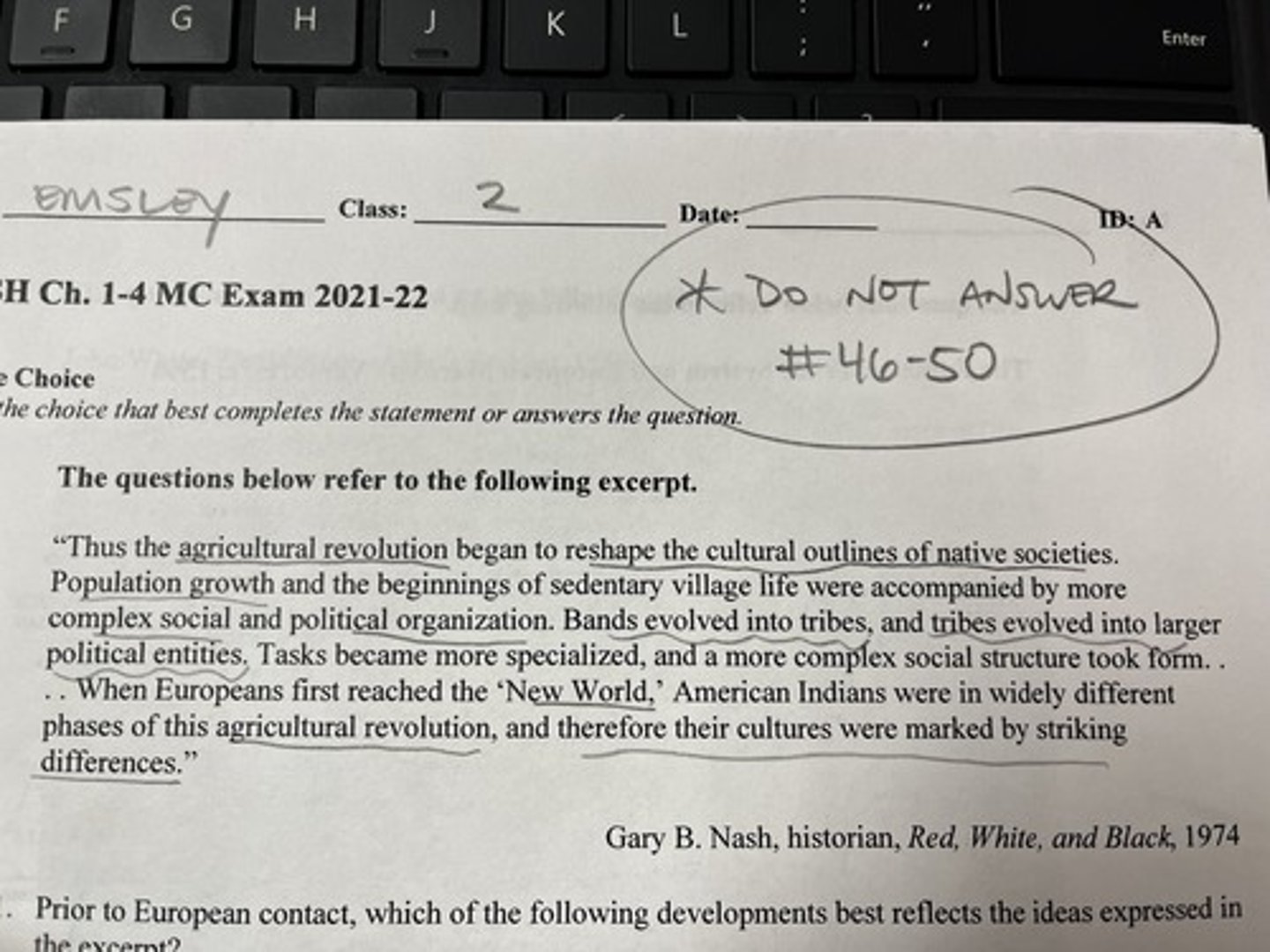 <p>prior to european contact, which of the following developments best reflects the ideas expressed in the excerpt?</p>