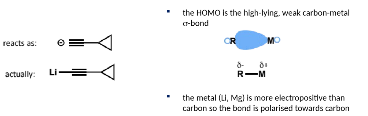 <ul><li><p>the reagent is not actually a free anion but instead has a polar carbon-metal bond (to Li for acetylide)</p></li><li><p>remember that although R-M react as R<sup>-</sup> the metal is still heavily involved in the reaction</p></li></ul><p></p>