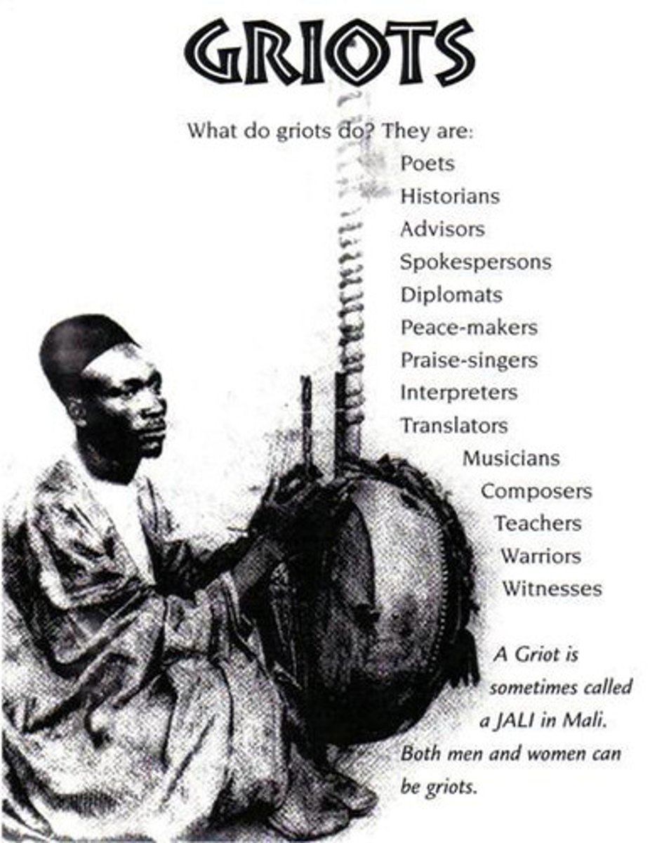 <p>Oral Storytellers and keepers of history in Africa. They possessed vast knowledge of family history as well as the deeds of great leaders. They were both feared and respected. Adept at music, they also sang their stories too, passing history from one generation to another</p>
