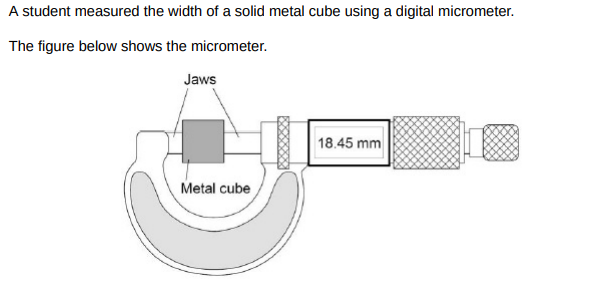 <p>The mass of the metal cube was measured using a top pan balance. The balance had a zero error. Explain how the zero error may be corrected after readings had been taken from the balance.(2)</p>