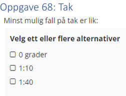 <p>(Tak: bank) Minst mulig fall på tak er lik:</p>