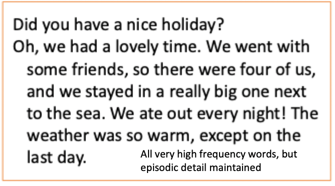 <p>when recalling events: use very high frequency words , but episodic detail maintained</p><ul><li><p>double dissociation with amnesia: relatively intact memory for recent events and impaired semantic memory</p></li></ul><p></p>
