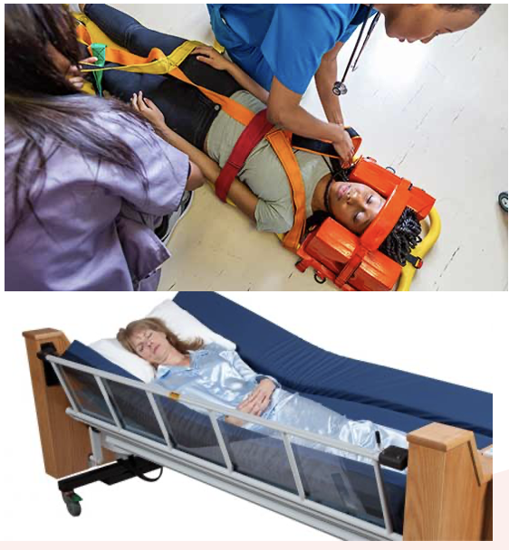 <ul><li><p><span style="color: yellow"><strong>Oxygenation and ventilation</strong></span></p><ul><li><p>Provide oxygen PRN</p></li><li><p>Shallow breathing → inadequate oxygenation → need for intubation &amp; mechanical ventilation</p></li></ul></li><li><p><span style="color: yellow"><strong>Assume that there is a SCI until it is ruled out!</strong></span></p></li><li><p><span style="color: yellow"><strong>Rapid assessment, immobilization, extrication, and stabilization</strong></span></p></li><li><p><span style="color: yellow"><strong>Spinal (back) board + head and neck in neutral position</strong></span></p><ul><li><p>Movement could also cause damage to spinal cord that wasn't already there with bone fragments</p></li><li><p>Make sure someone is stabilizing the head specifically during movement or transport</p></li><li><p>No sitting up, no twisting &amp; turning of the body</p></li></ul></li><li><p><span style="color: yellow"><strong>Transfer and movement</strong></span>:</p><ul><li><p>Head blocks (as shown in picture)</p></li><li><p>Stays on transfer board</p></li><li><p>Once cleared by imaging &amp; the extent of damage is known → can moved to traditional bed if harm, specialty bed or C-collar &amp; firm mattress if no specialty bed available</p></li></ul></li><li><p><span style="color: yellow"><strong>Admission to intensive care unit (ICU)</strong></span></p></li></ul><p></p>