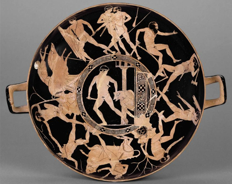 <p>Kodros Painter: <em>Attic red-figure kylix</em> <em>- Deeds of Theseus Cup</em>, c. Greek, c. 440-430 BCE</p>