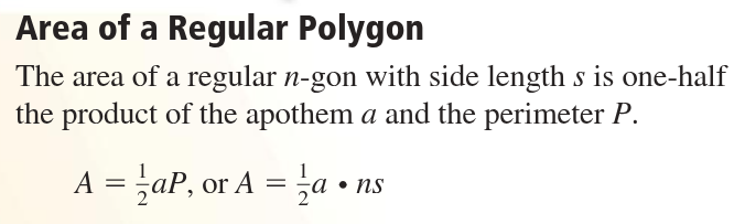 <p>area of a regular <em>n</em>-gon with side length <em>s</em> =</p>