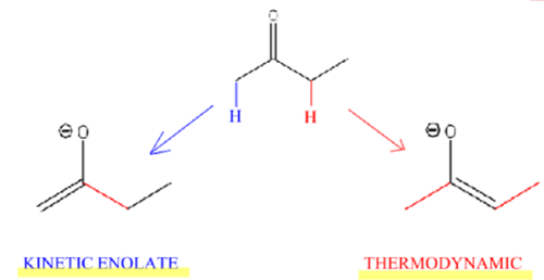 <p>results in two different enolates (thermodynamic is more stable, but kinetic forms faster)</p>