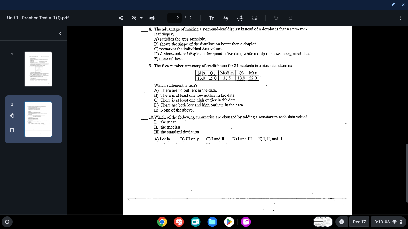 <p>Which summaries change when adding a constant to each data value?</p>