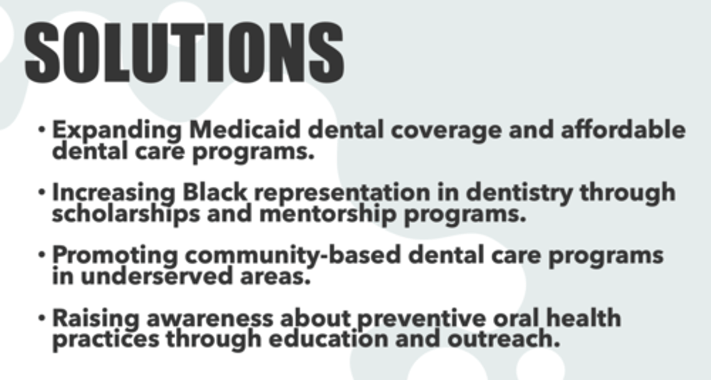 <p>B. Decreasing Black representation in dentistry through scholarships and mentorship programs. (Should be INCREASING!)</p>