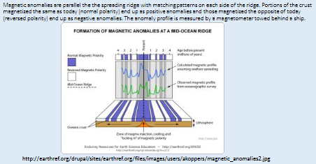 <p><span>• New ocean crust is formed at ocean ridges (e.g. Mid-Atlantic Ridge).</span><br><span>• As new ocean crust cools, it acquires a signature of the magnetic field at the time it forms (normal or reversed).</span><br><span>• Additional crust forming at the ridge spreads the former crust away from the ridge (sea floor spreading).</span><br><span>• Over time, parallel strips of normally or reversed magnetized crust are formed as the ocean widens.</span><br><span>• These strips are recorded as magnetic anomalies.</span><br><span>• Positive anomalies are normally magnetized and negative anomalies are reversed magnetized.</span></p><p><br></p>