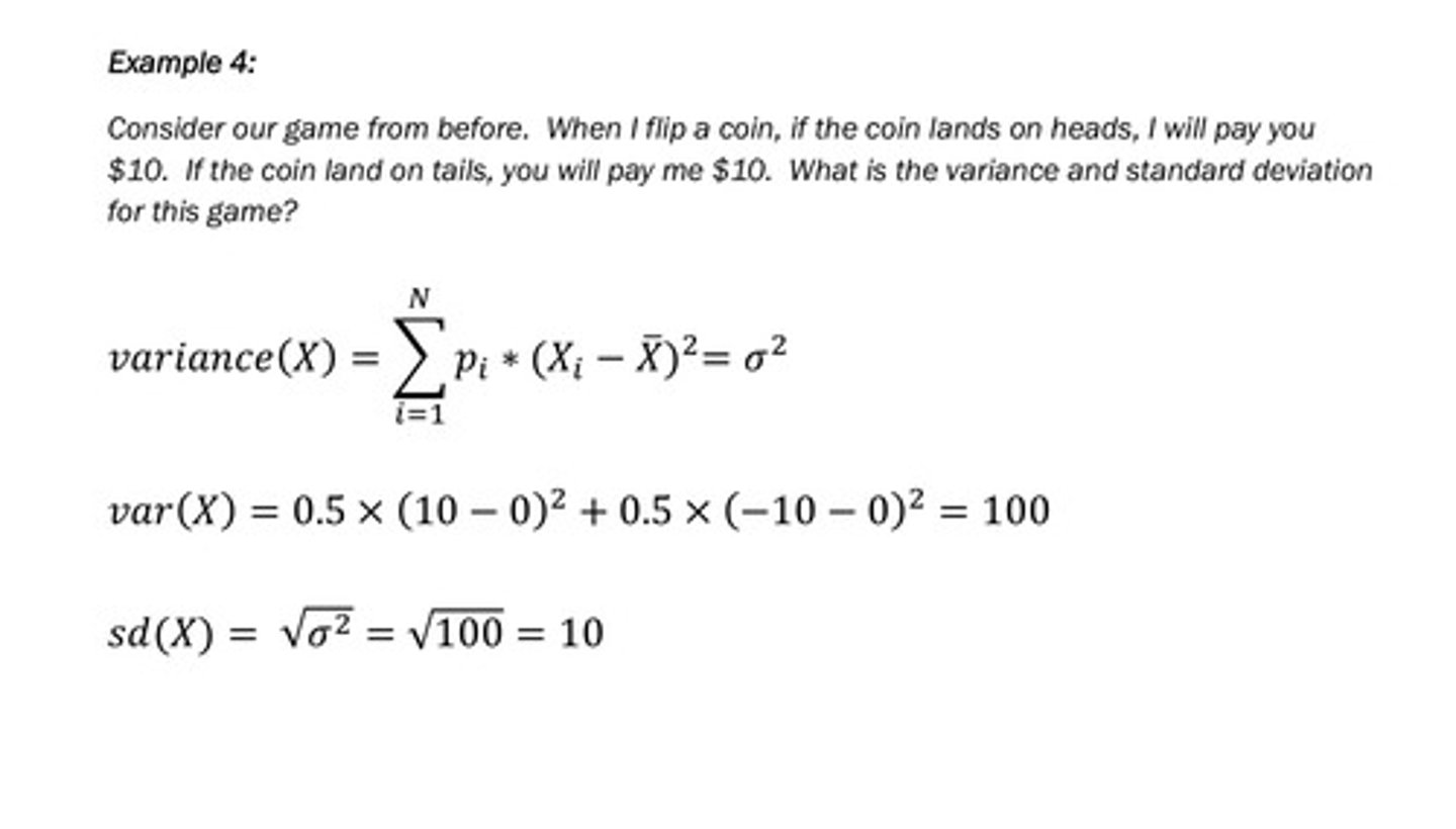 <p>- Standard Deviation A statistical measure of risk. A higher standard deviation means returns are more spread out, indicating higher risk</p><p>- Variance: the probability-weighted average of squared deviations from the expected value (mean) an outcome (X)</p>