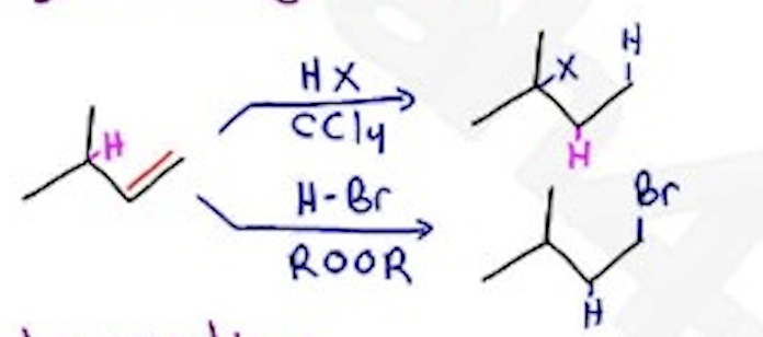 <p>H-x / CCl4  —- Markovnikov, Hydrogen Shift, carbocation — X = Cl, Br, I</p><p>H-Br / ROOR —— ROOR = peroxides, Anti-markovnikov</p>