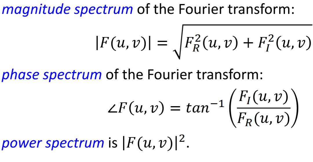 <p>f(x,y) real valued, F(u,v) complex valued</p><p>FT of delta function = 1</p>