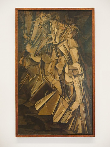 <p>Nude Descending a Staircase, No. 2, 1912</p><p>-The painting combines elements of both the Cubist and Futurist movements. In the composition, Duchamp depicts motion by successive superimposed images, similar to stroboscopic motion photography.</p><p>-created a sensation when shown at the 1913 Armory Show in New York, where one critic referred to it as &quot;an explosion in a shingle factory.&quot;</p>