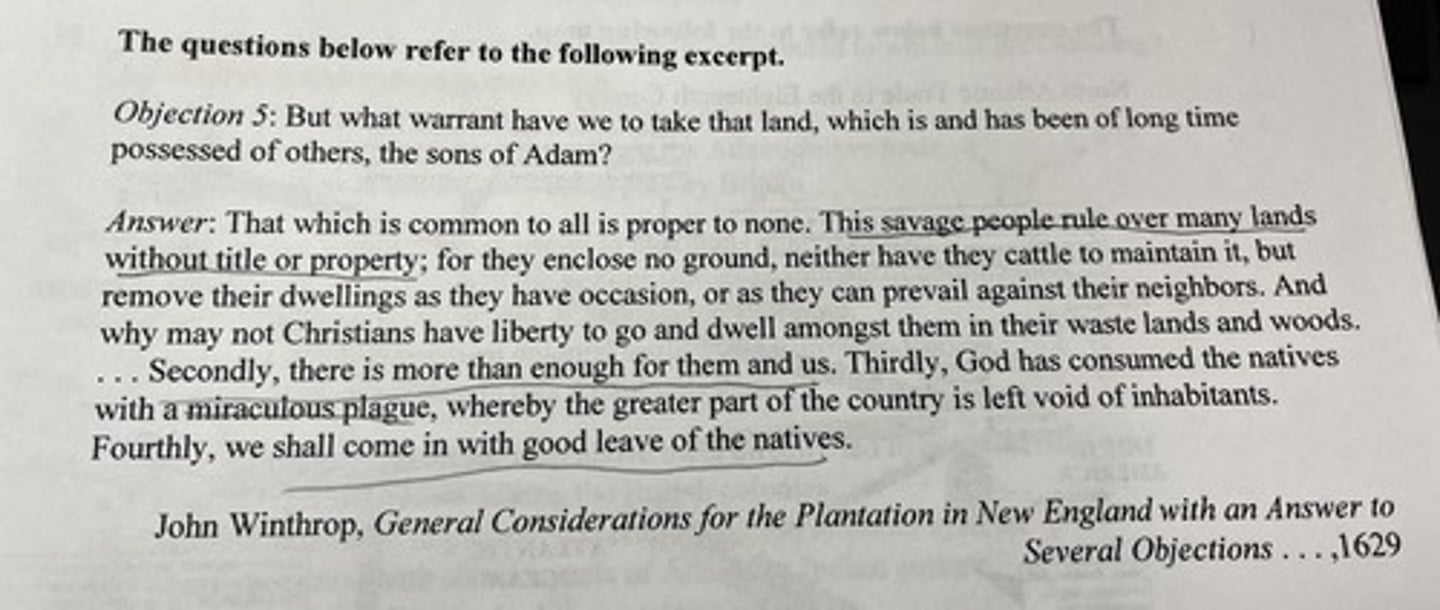 <p>which of the following European approaches to colonization is most directly reflected in the excerpt?</p>